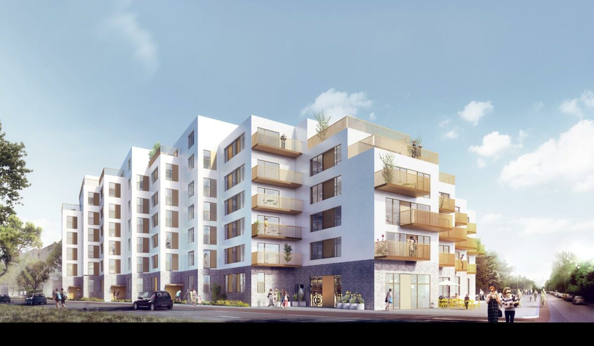 Det trappeformede byggeri Strandhuset61 kommer til at indeholde i alt 68 boliger og enkelte mindre butikker i stueplan. Visualisering: Holscher Nordberg.