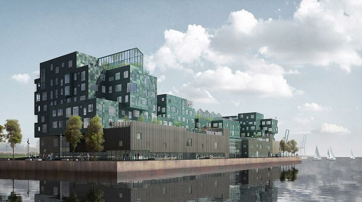 Copenhagen International School vil få halvdelen af sit energiforbrug dækket af 12.000 solcellepaneler, der integreres i facaden. Illustration: C.F. Møller.