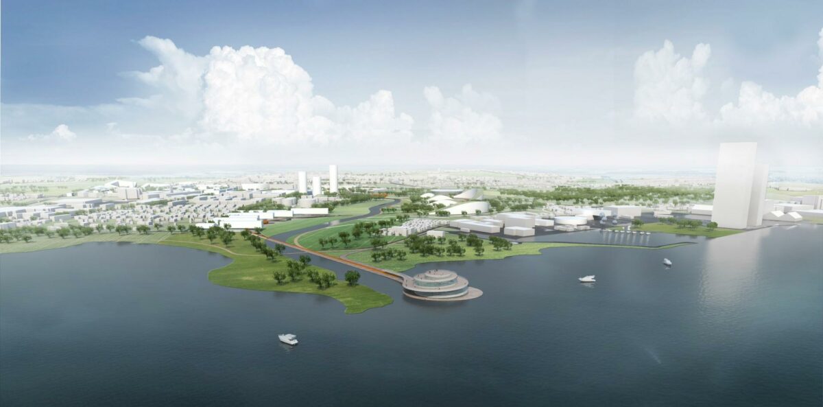 BIGs visioner for Skive gør omfattende brug af placeringen ved vandet, men planloven spænder ben for flere af ideerne. Illustration: BIG.