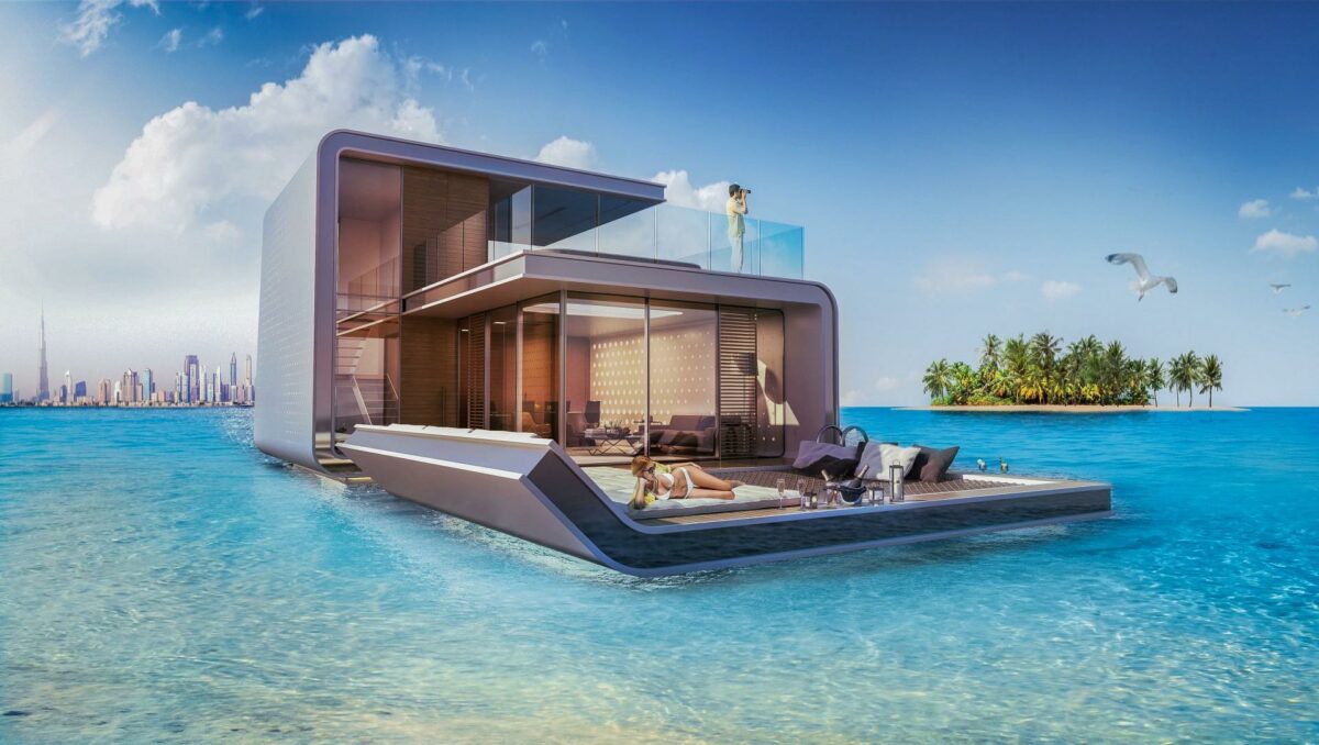 "The Floating Seahorse" er navnet på et nyt boligprojekt ved Dubai. Illustration: Kleindienst Group.