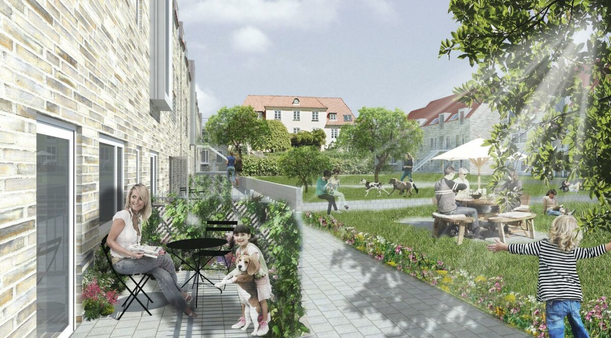 Kirsebærbakken i Hillerød skal bestå af 56 nye, bæredygtige almene familieboliger, der bygges omkring hovedbygningen fra Hillerøds gamle alderdomshjem. Visualisering: KHS Arkitekter.