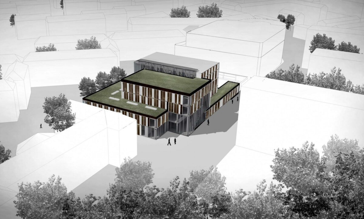 Laboratorie- og Logistikbygningen skal som et bankende hjerte holde hospitalet forsynet med alt fra vareleverancer til forskningsresultater og blodprøvesvar. Illustration: Mikkelsen Arkitekter.