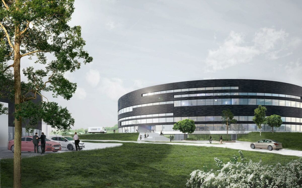 Arkitema Architects skal tegne Linak II, der bliver en 14.000 kvm stor administrations- og produktionsbygning i to etager med et kælderplan. Illustration: Arkitema Architects.