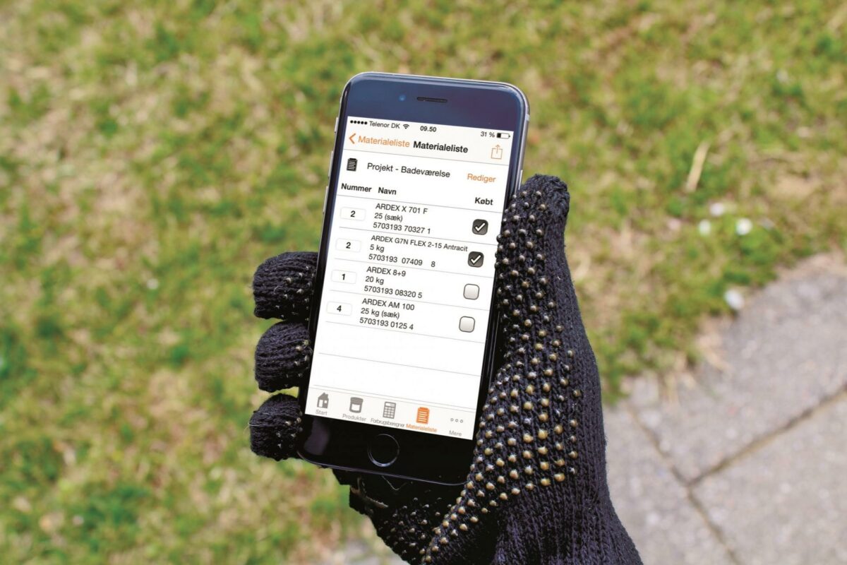 Den nye app gør det ifølge Ardex nemt at lave præcise forbrugsberegninger og ajourføre materialelister direkte fra byggepladsen. Pressefoto.