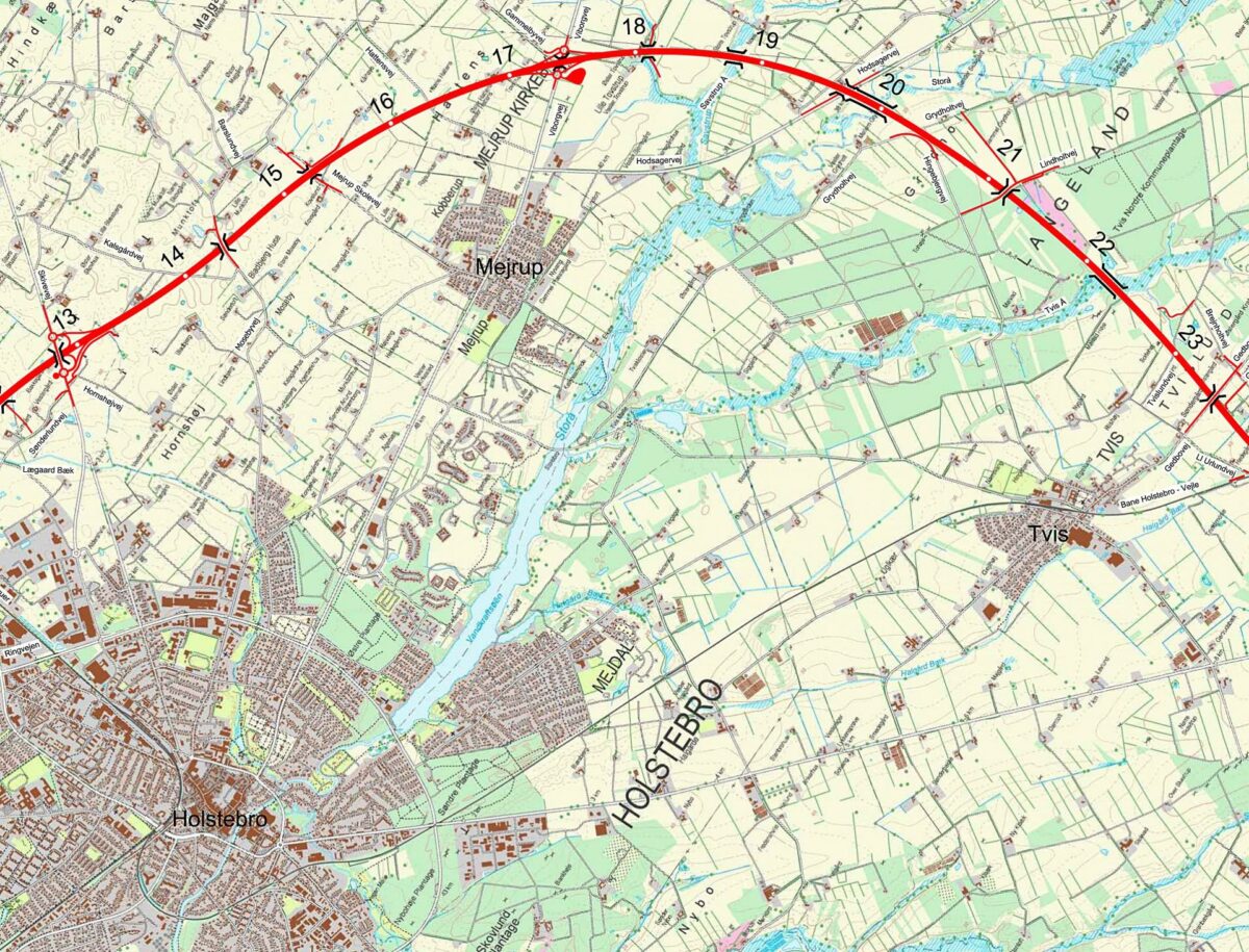 Den sidste store broentreprise til Holstebromotorvejen er landet hos MT Højgaard. Kort: Vejdirektoratet.
