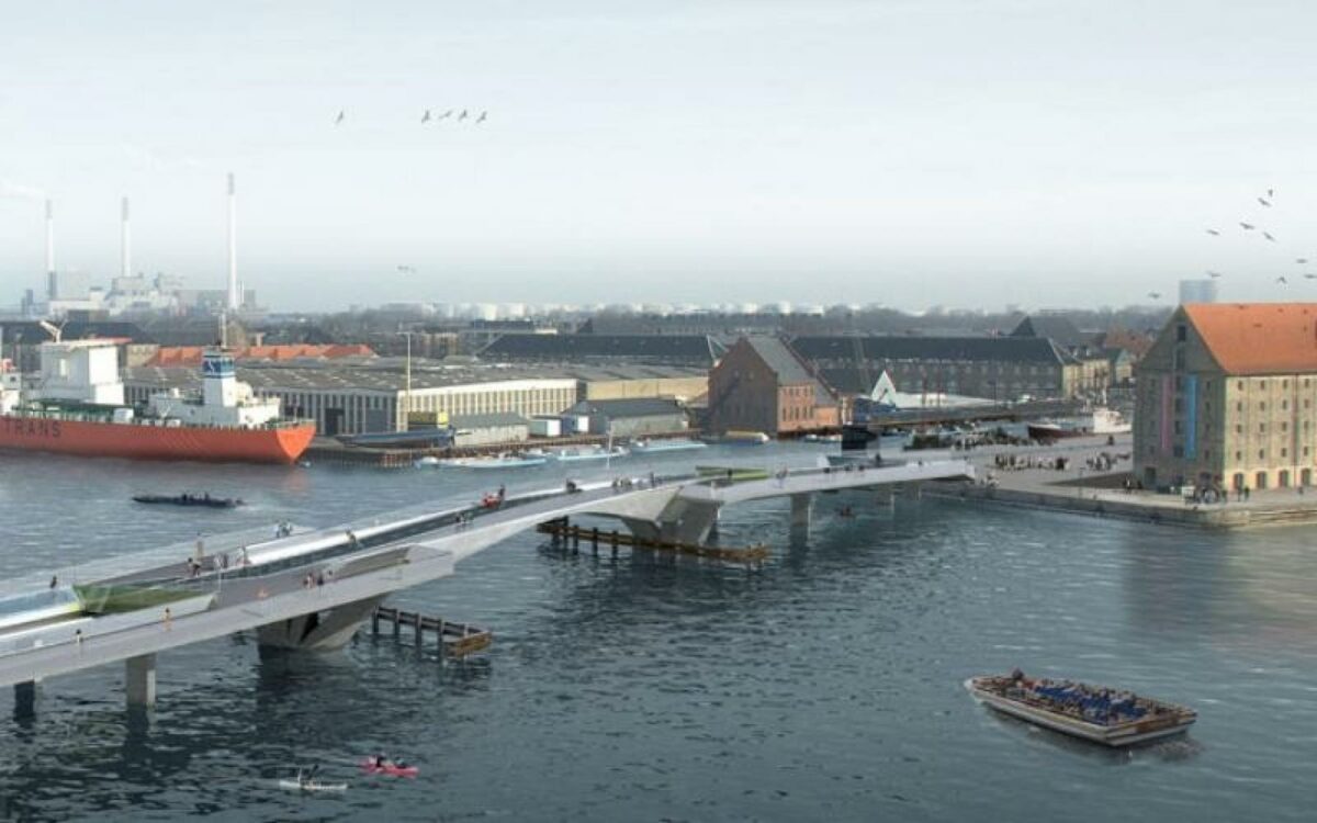 Inderhavnsbroen er den ene af tre nye broer, der skal gøre det let for cyklister og gående at komme fra Nyhavn til Christianshavn. Illustration: Københavns Kommune.