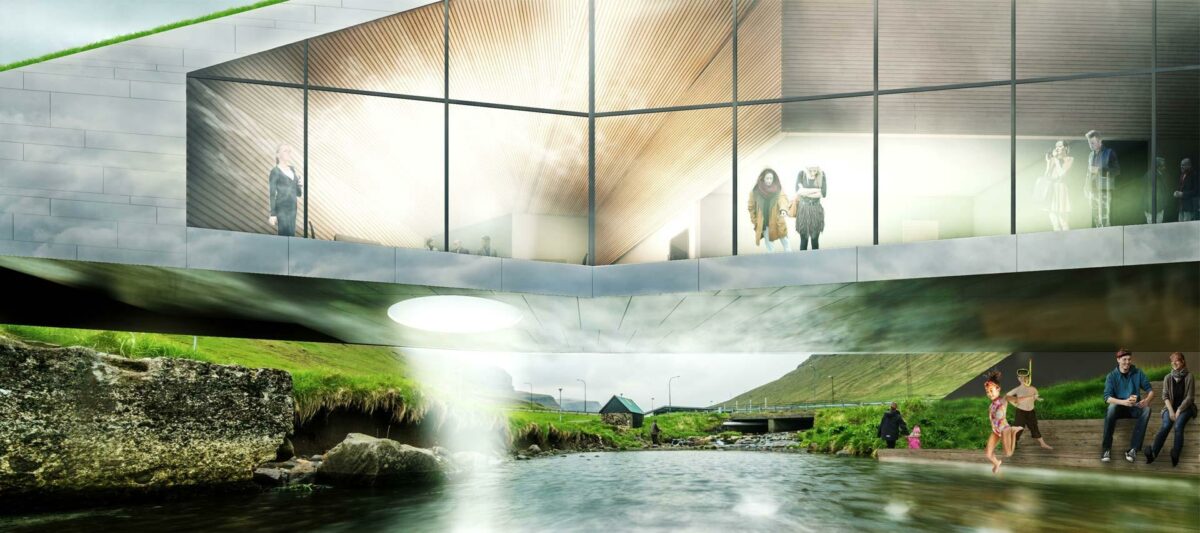 Henning Larsen Architects har tegnet rådhuset, som får direkte kig til floden gennem vinduet i gulvet i byrådssalen. Illustration: Henning Larsen Architects.