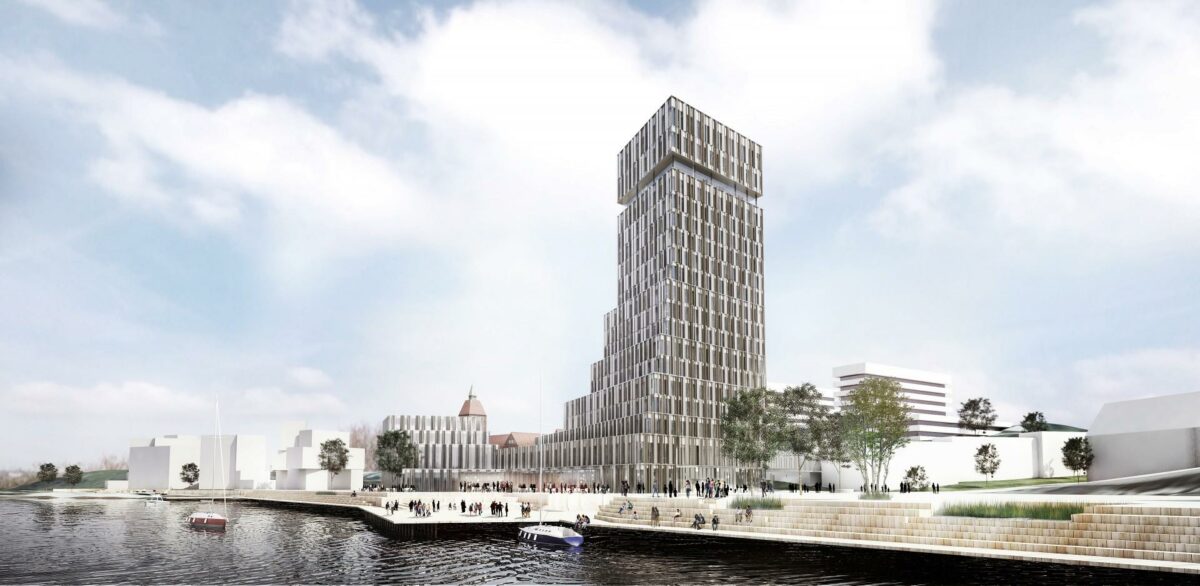 Det nye hotel på havnefronten bliver på 24.800 kvm og bygges som to tårne på 19 m og 70 m. Illustration: Henning Larsen Architects.