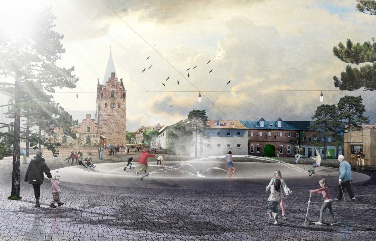 Schønherr har sammen med Loop Architects, VIA Trafik Rådgivning, Ingeniørfirmaet Viggo Madsen og Elgaard Architecture vundet konkurrencen om områdefornyelsen i Grenaa bymidte. Illustration: Schønherr.