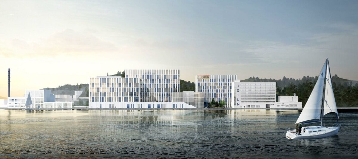 Jotuns nye hovedsæde i Sandefjord skal bidrage til styrkelsen af virksomhedens position på markedet for maling og pulverlak til blandt andet skibsindustrien. Illustration: Henning Larsen Architects.