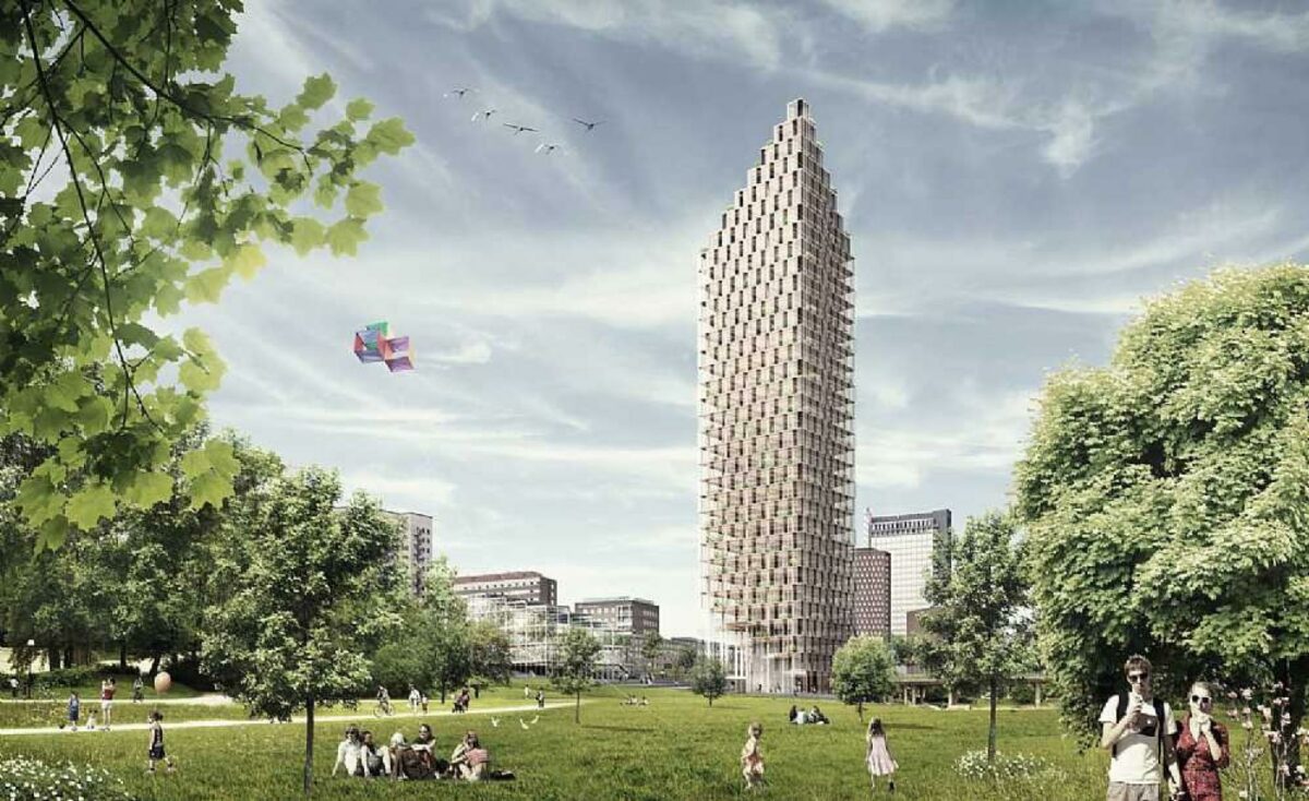 C.F. Møller er i forvejen engageret i træhøjhuse, idet tegnestuen sammen med det svenske arkitektfirma Dinell Johansson har tegnet et forslag til et 34 etagers højhus i træ, som har vundet konkurrencen om opførelse af et innovativt og bæredygtigt bolighøjhus i det centrale Stockholm. Konkurrencen var udskrevet af Sveriges største boligselskab, HSB, og bygningen skal stå klar i 2023. Illustration: C.F. Møller.