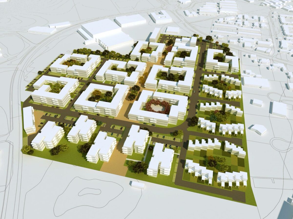 Planerne for området omfatter cirka 650 boliger af forskellige typer samt dagligvarebutik og måske restaurant. Visualisering: Årstiderne Arkitekter.