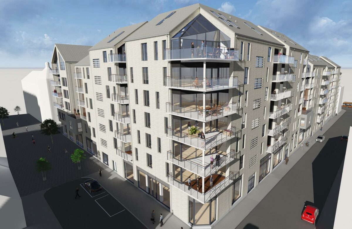 Karreen får 84 boliger og fem-seks butikker. Visualisering: Arkitektfirmaet Rudolf Lolk A/S.