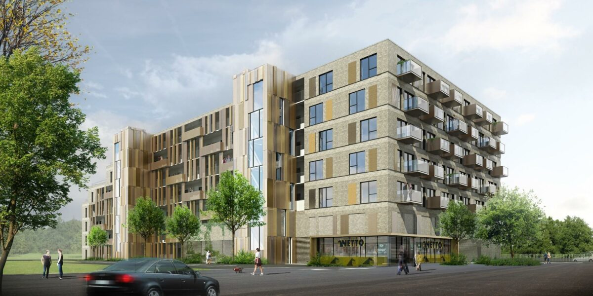 Byggeriet består af 102 boliger samt en dagligvarebutik i stuen. Illustration: Arkitema Archticts.