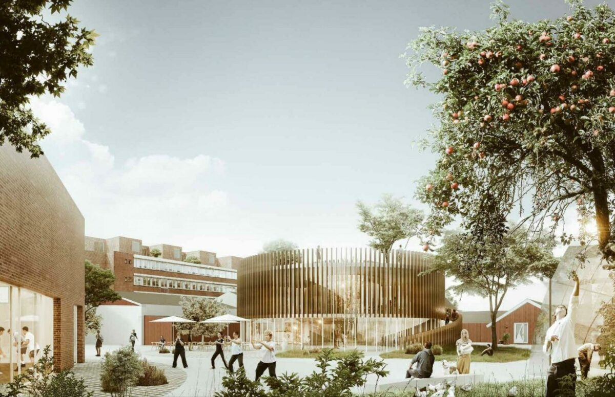 Spisehuset skal være et nyt samlingssted på Kofoeds Skole. Illustration fra visionsplanen, idet der gøres opmærksom på, at projektforslagene ikke er endelige i deres udformning.