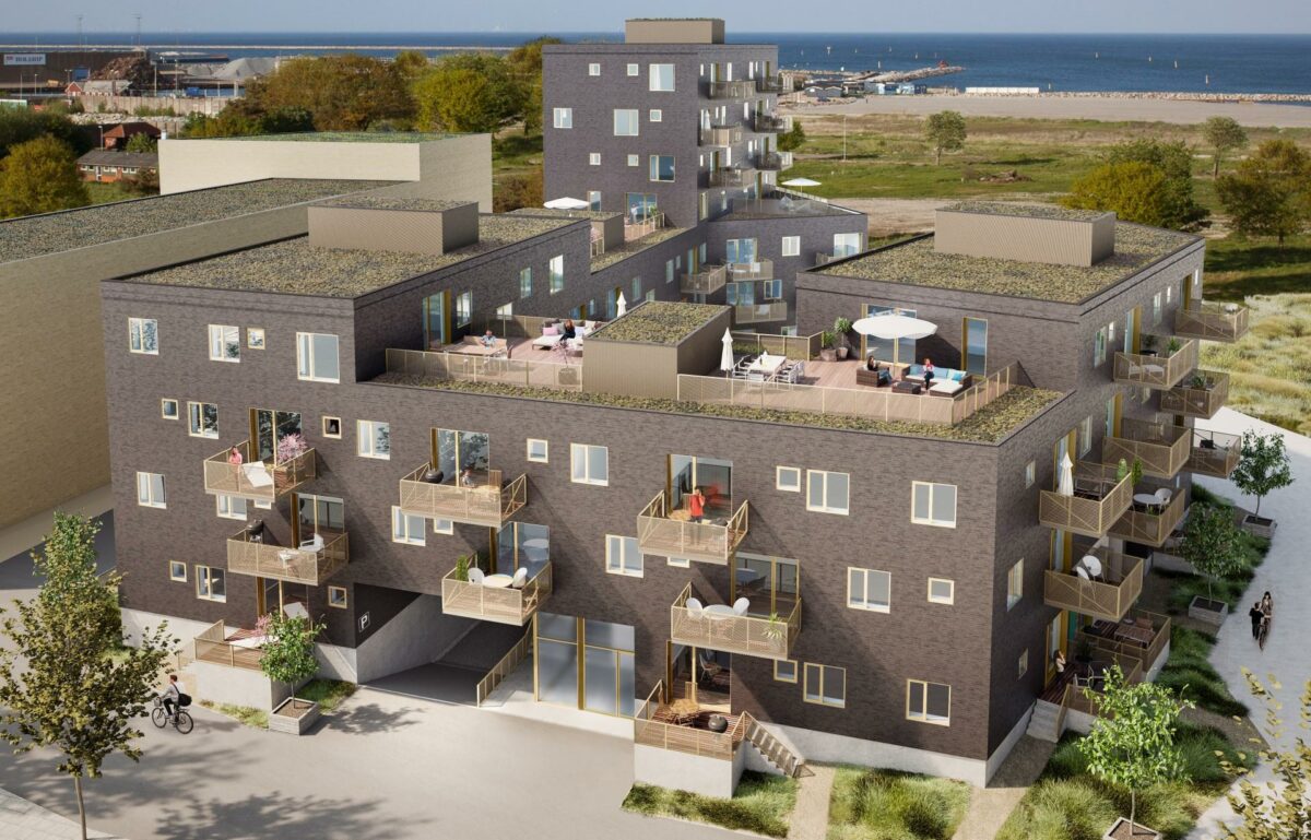 I begyndelsen går Arkitektgruppen i gang med opførelsen af boligbyggeriet Strandengen. Visualisering