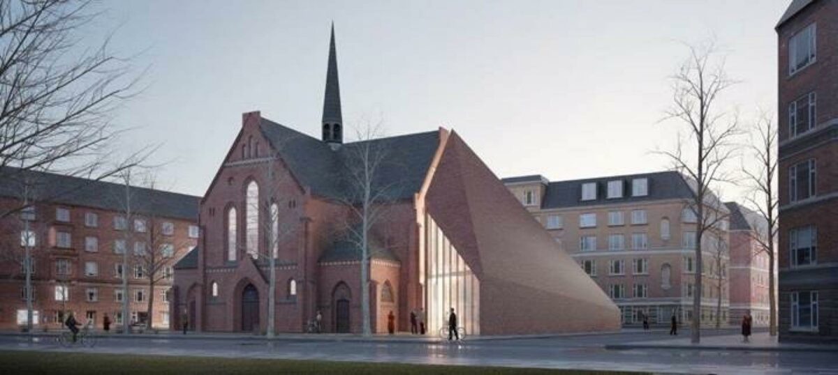 BIG skal tegne et 350 kvm stort sognehus til Sct. Thomas Kirke på Frederiksberg. Illustration: BIG.