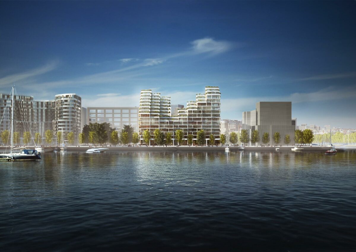 Valget af 3XN til at designe Hines og Tridels seneste boligprojekt i det spirende Bayside Toronto-område er netop blevet offentliggjort. Visualisering: 3XN.