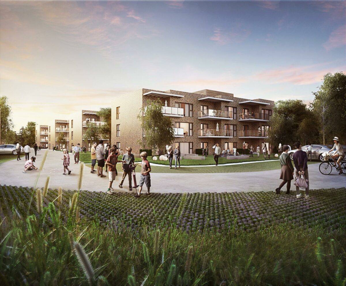 Skala Arkitekter skal tegne en boligbebyggelse i Bogense. Visualisering: Dimension Design for Skala Arkitekter.