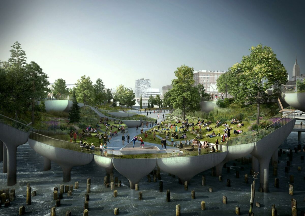 Sådan skal den nye park - Pier55 - i New York se ud. Illustration: Heatherwick Studio.