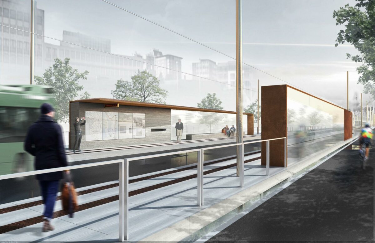 Gottlieb Paludan Architects vinderforslag er et modulært designkoncept med få gennemarbejdede greb og detaljeløsninger gør det nemt at genkende Bussveiens stoppesteder.