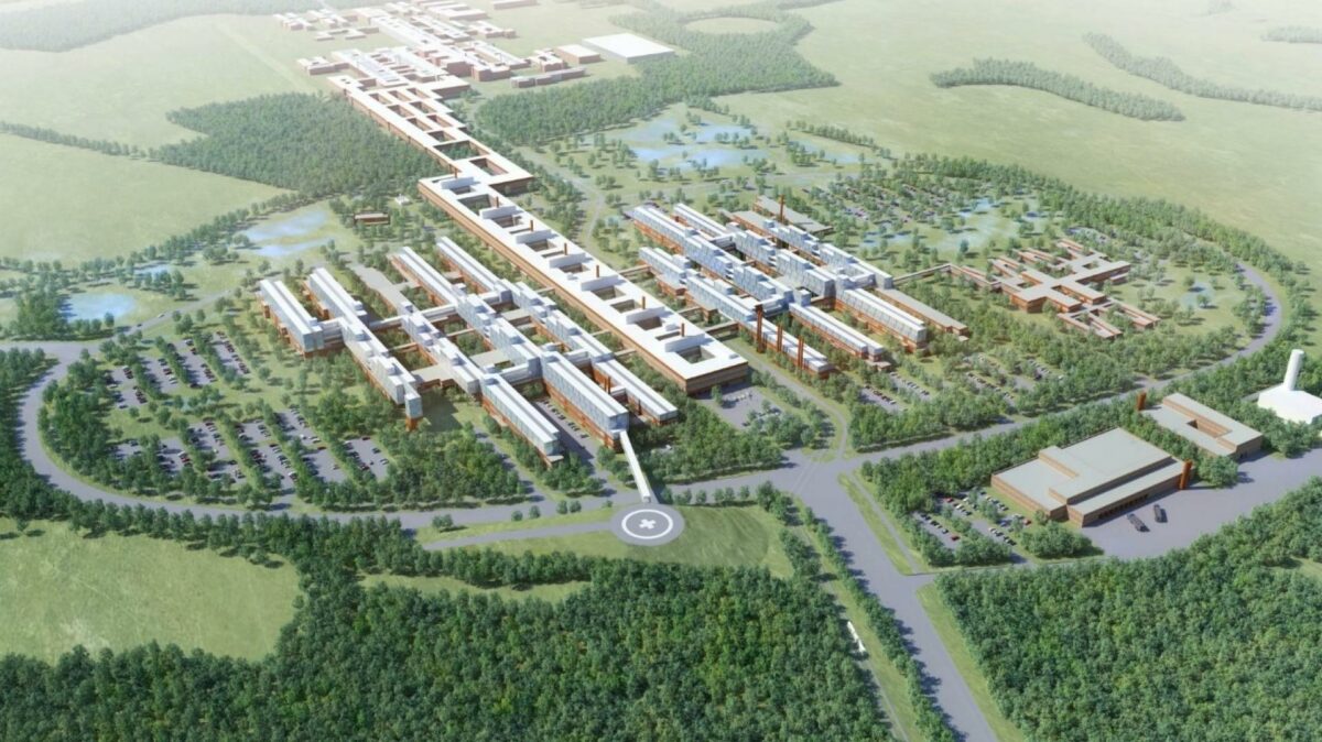 Nyt OUH er et af de fem projekter, der efterspørger materialeleverandørers forslag til bæredygtige materialer. Illustration: Nyt OUH.