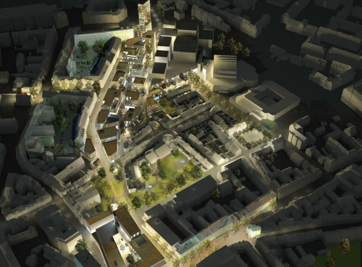 Ti forskellige entreprenører har vundet en række udbud i forbindelse med omdannelsen af Odense bymidte. Illustration: Entasis.