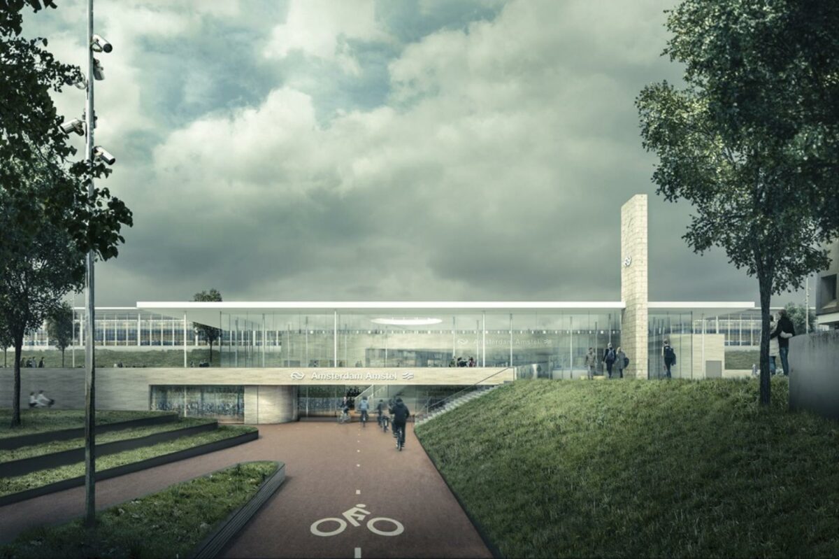 Gottlieb Paludan Architects er med i vinderprojektet om en større ombygning og udvidelse af Amstel Station i den hollandske hovedstad. Visualisering: Gottlieb Paludan Architects & Office Winhov