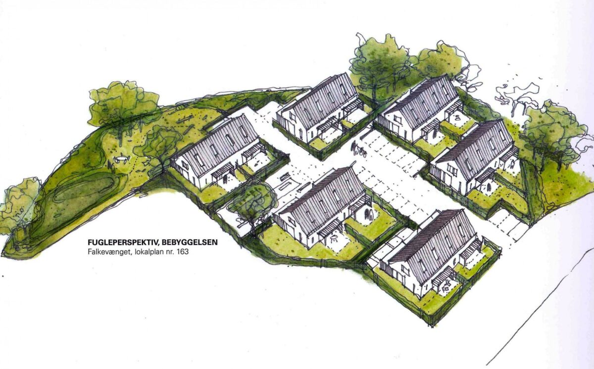 Bebyggelsen på Falkevænget. Visualisering: Arkitektfirmaet KAAI.
