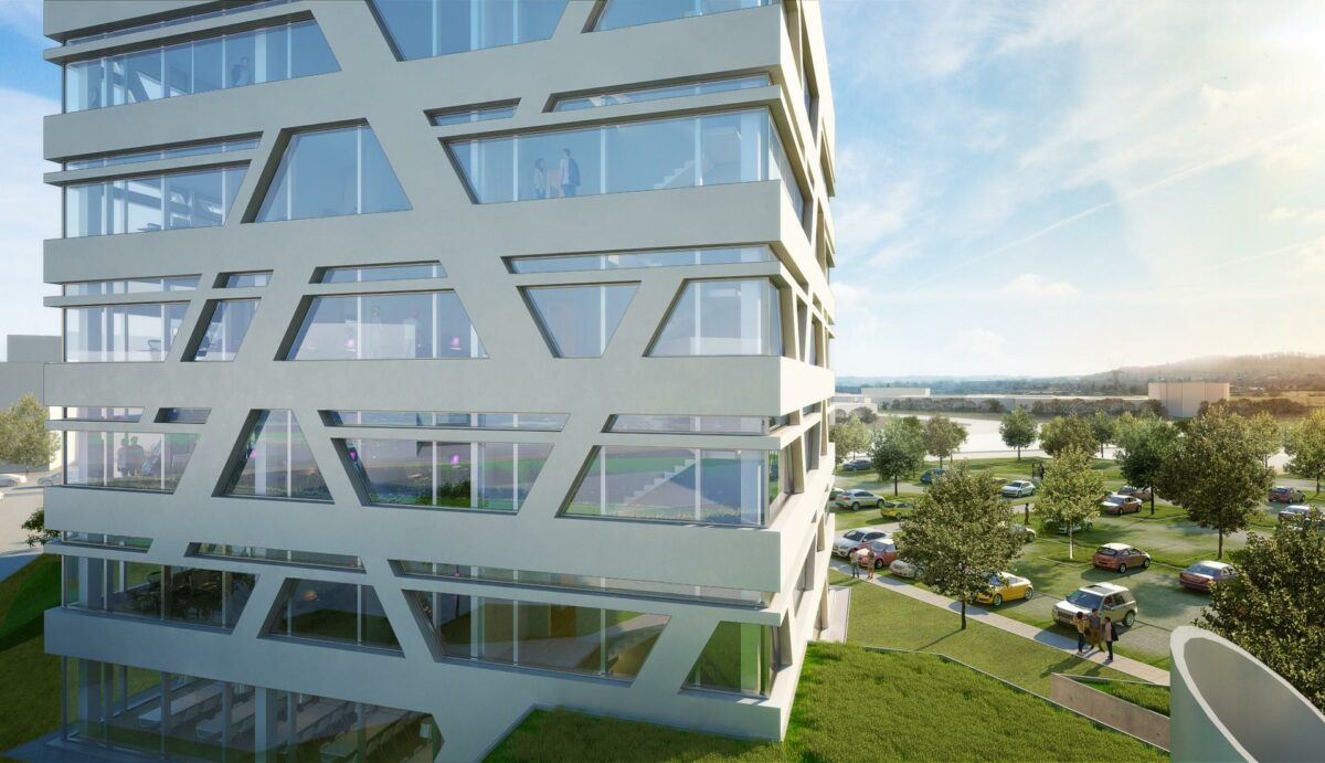 Erhvervspark Silkeborg er det første erhvervsbyggeri direkte ud mod den nye motorvej. Visualisering: Dimension Design for LABAN Arkitekter.