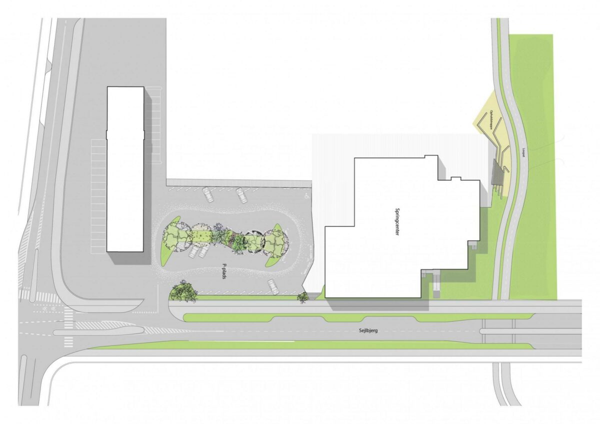 Udsnit af landskabet omkring det kommende center for springgymnastik. Blandt de anlægsopgaver, der nu går i gang er et p-areal med regnbed (midt for) samt et stykke af det grønne loop, der møder springcentret med en bred trappe til ophold (til højre i illustrationen). Visualisering: NærHeden.