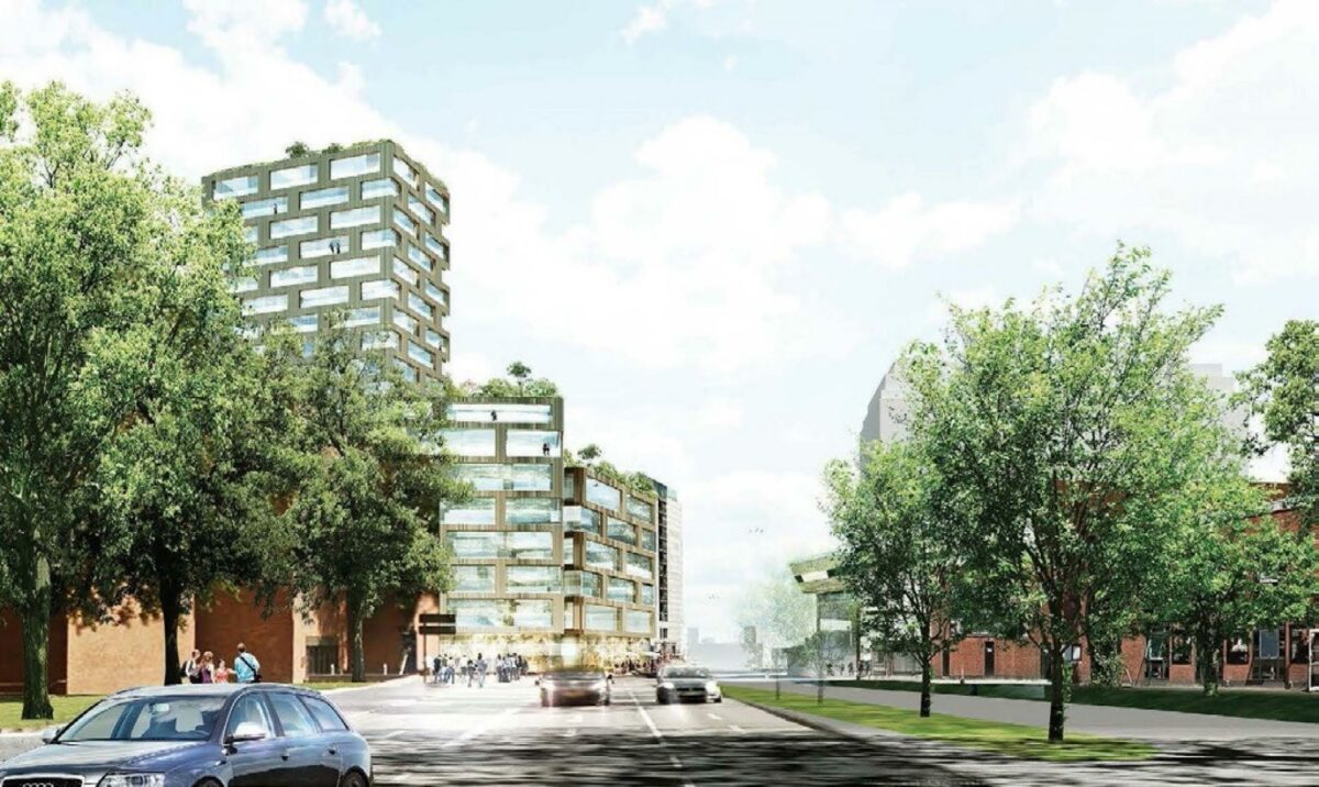 Aarhus får måske en ny bebyggelse, der rejser sig 64 meter svarende til 18 etager. Illustration fra høringsmaterialet.