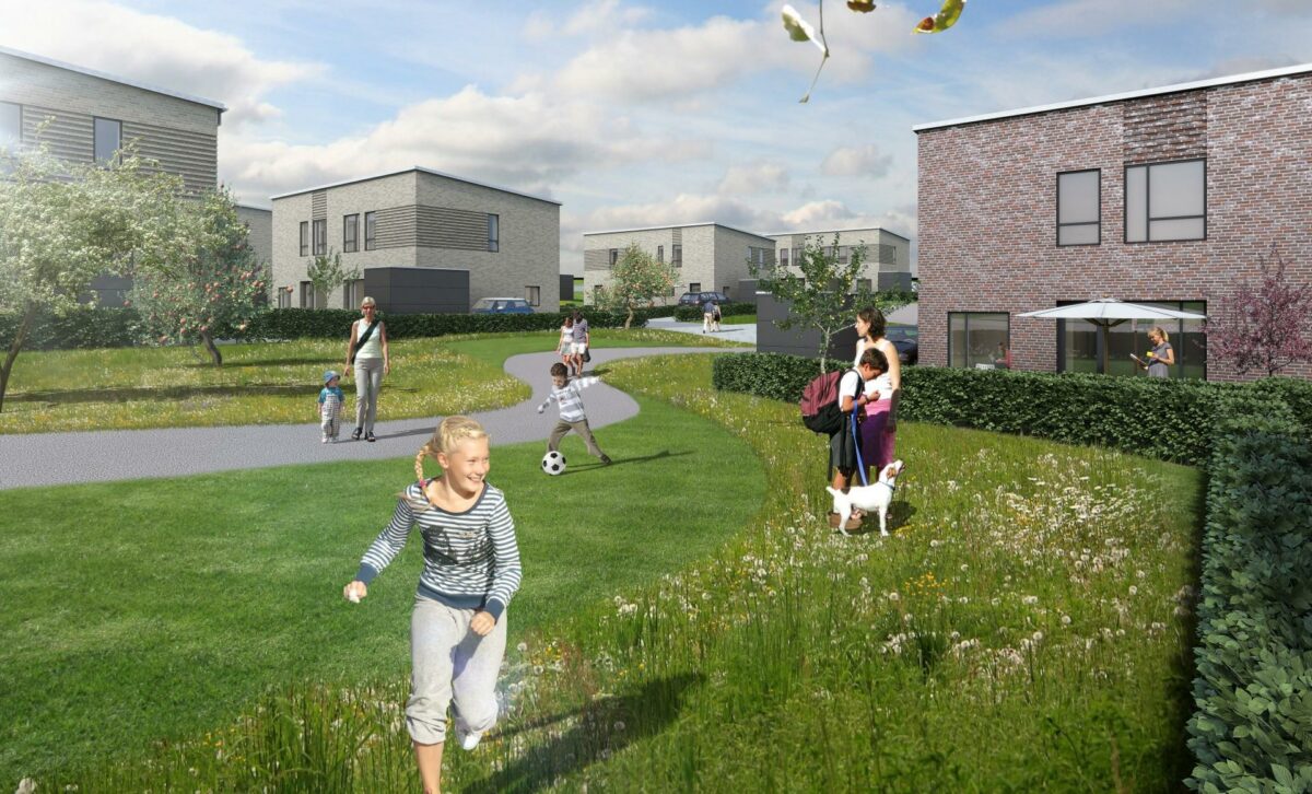 Bebyggelsen i Hjortshøj får 38 nye boliger. Visualisering: AAB.