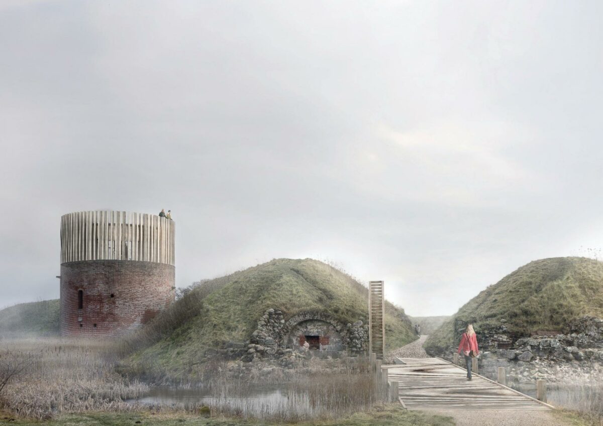 Ved de fem Hald'er kan man opleve 800 års historie på en gåtur. Visualisering: Arkitektfirmaet Erik Brandt Dam og Cornelius + Vöge.