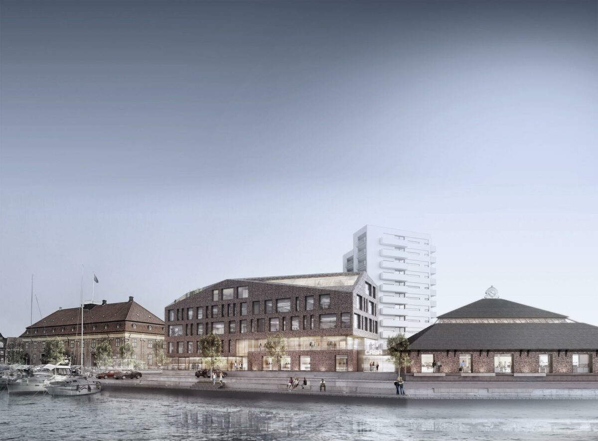 Det bevaringsværdige Stykgodspakhus til højre ved siden af den nye erhvervsbygning. I baggrunden luksusboligerne *Geiserne'. Visualisering: Arkitema Architects.