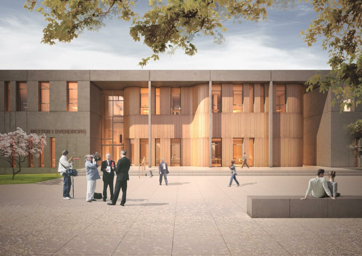 Den ny 4.000 kvadratmeter store retsbygning i Svendborg er opført i et OPP-projekt mellem Bygningsstyrelsen og Team OPP - et konsortium bestående af CASA, PensionDanmark, DEAS, PKA og Sampension. Visualisering: KPF Arkitekter.