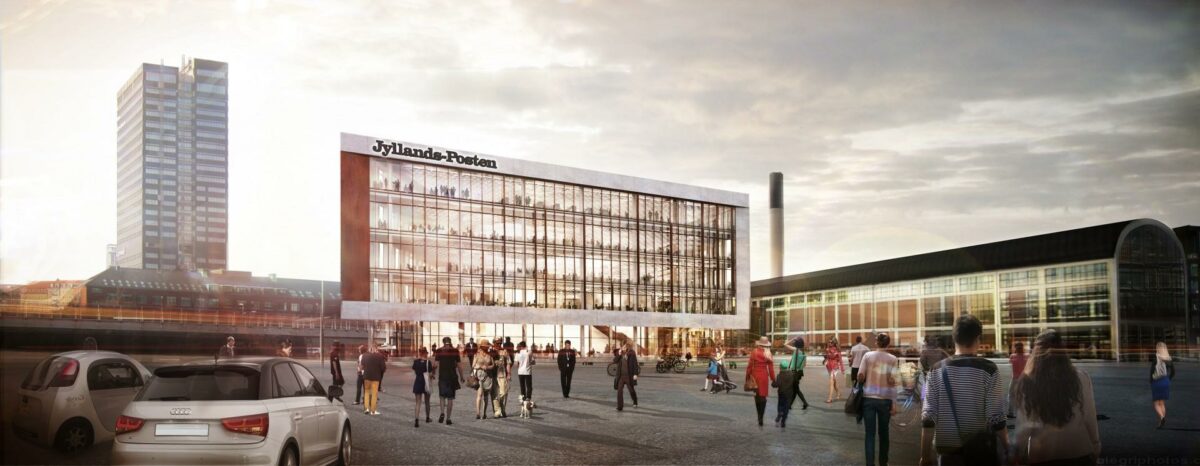 Henning Larsen Architects skal efter planen tegne Jyllands-Postens nye domicil i Aarhus, hvis købet af byggegrunden ved Filmbyen godkendes af byrådet. Visualisering: Henning Larsen Architects.