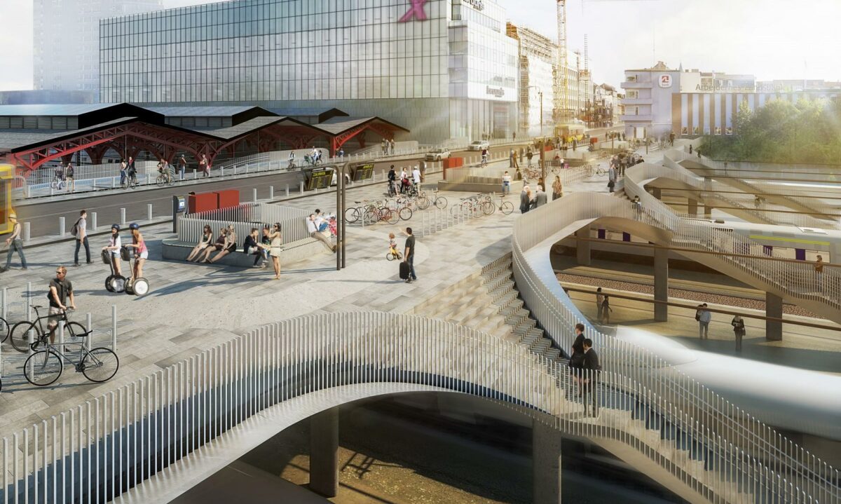 Bruuns Bro i Aarhus kan stå over for en nedrivning og genopbygning for at give plads til køreledninger over jernbanen. Visualisering: Banedanmark.