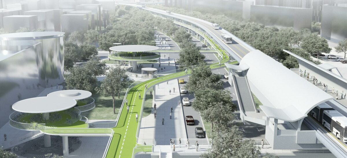 Løsningen i Xiamen skal løbe i anden sals højde langs en eksisterende højbane til offentlige busser. Illustration: DISSING+WEITLING architecture.
