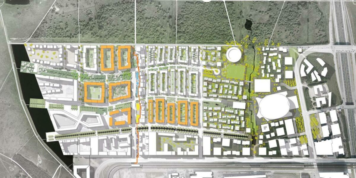 De ti byggefelter er tegnet ind på kortet over Ørestad Syd. Visualisering: By & Havn.
