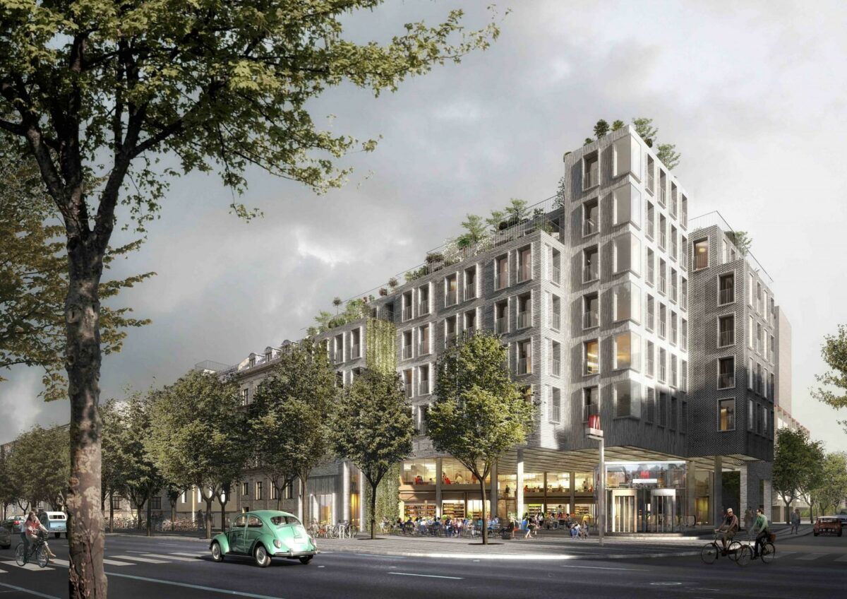 Boligerne oven på Madkulturens Hus udformes som sammenbyggede byhuse med hjørnehuset udformet som et tårn.