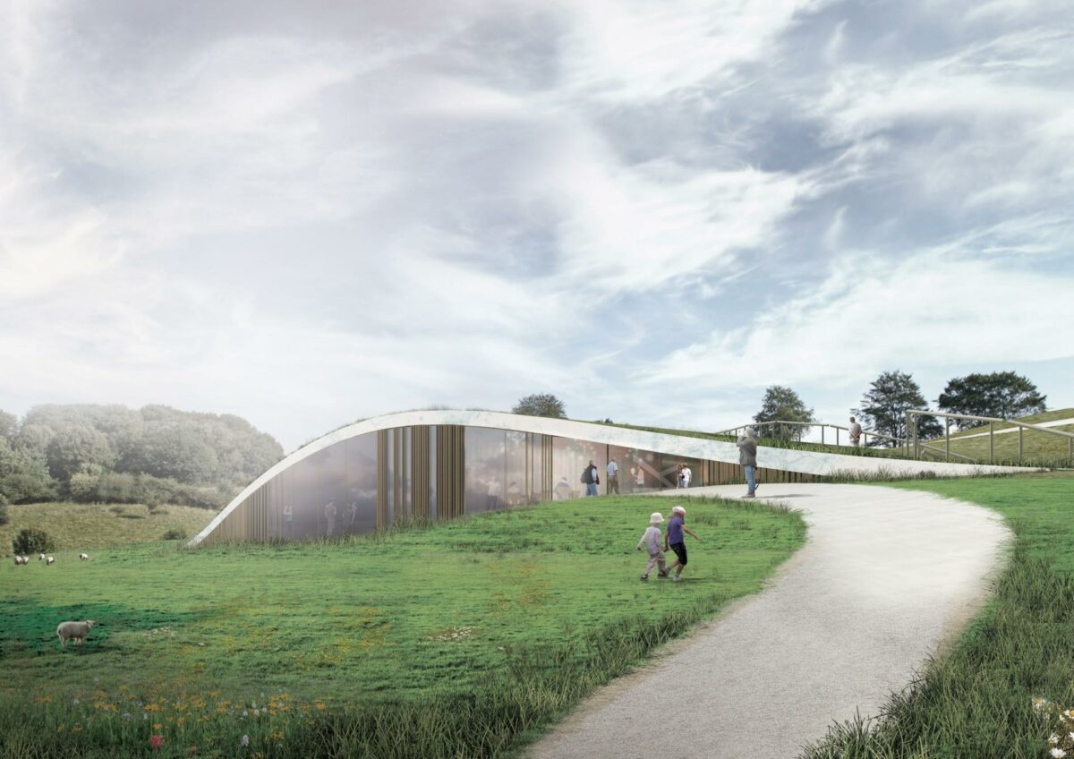 Et team af CEBRA architecture, 2+1 Idébureau, Opland Landskabsarkitekter, Dansk Energi Management & Esbensen og DRIAS Rådgivende ingeniører er udpeget som vindere af konkurrencen om Nyt Besøgscenter Skamlingsbanken i Sjølund ved Kolding. Visualisering: Cebra.