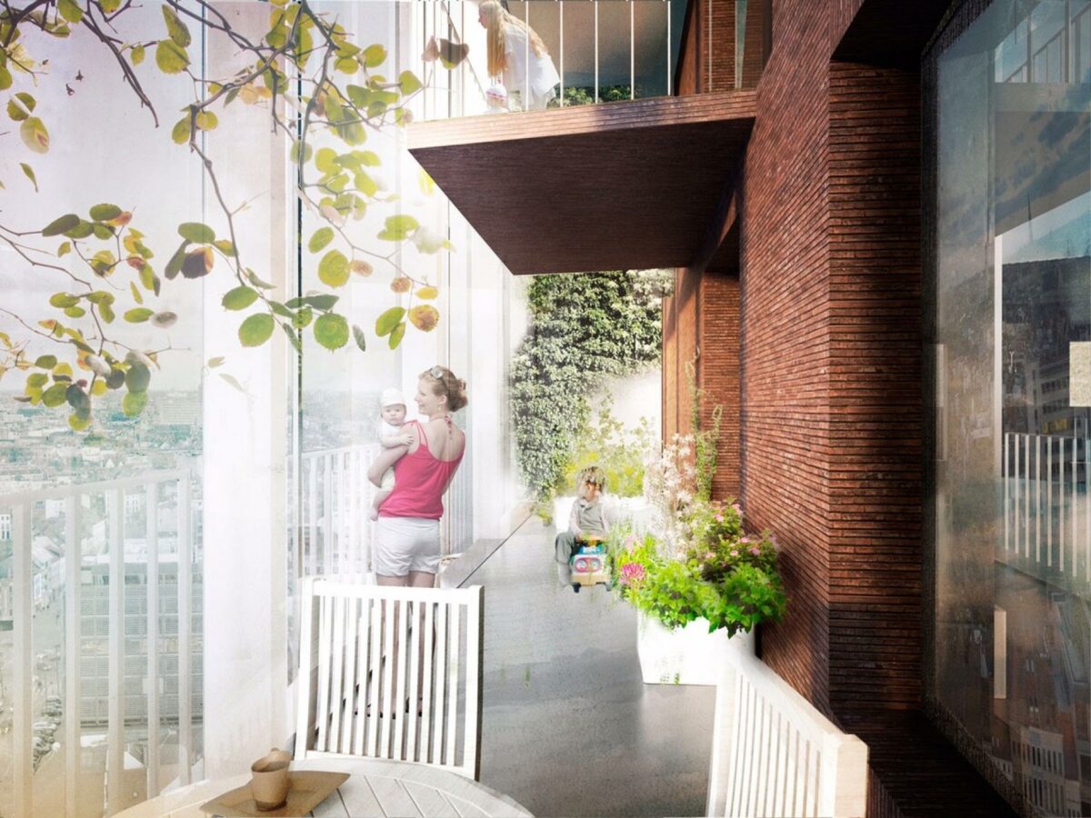Tårnet er formet som et bæredygtigt, kollektivt orienteret samfund, hvor sociale møder skabes igennem en bred vifte af arkitektoniske greb. Visualisering: C.F. Møller.