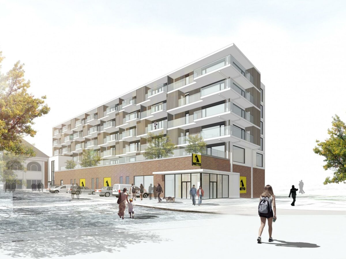Det nye byggeri på Vallensbæk Stationstorv får en Netto butik i stueetagen og i alt 40 ejerlejligheder. Visualisering: Skovhus Arkitekter.