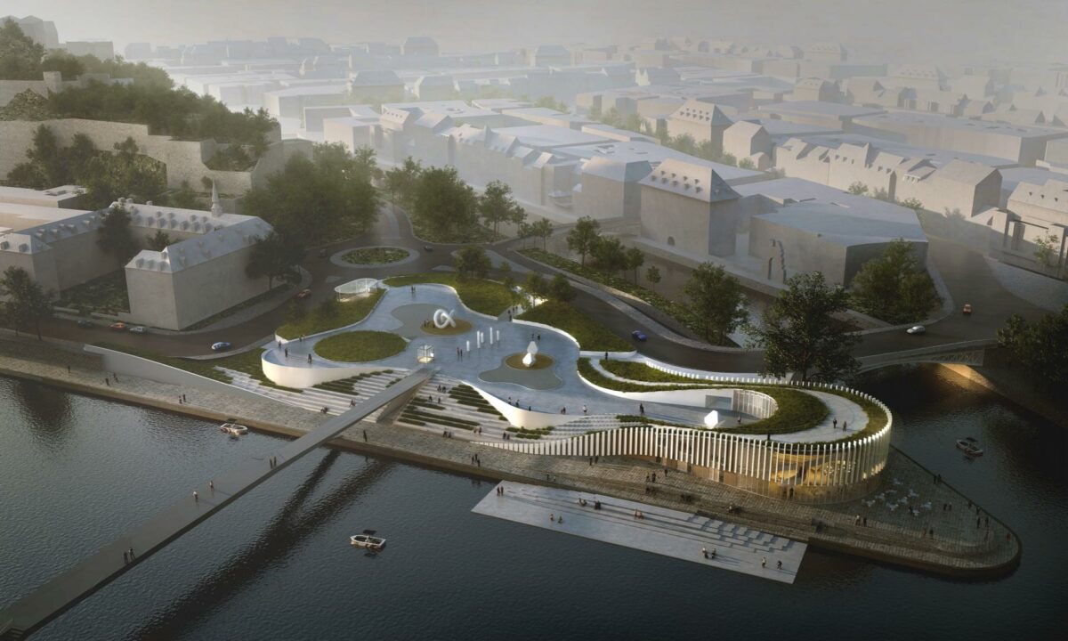 Den nye bygning får en historisk og idyllisk beliggenhed ved sammenløbet af floderne Meuse og Sambre. Visualisering: 3XN.