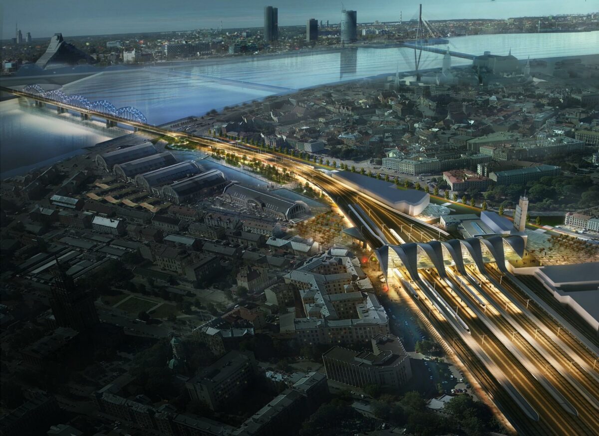 PLH Arkitekter er blevet udnævnt som en af to vindere i konkurrencen om udviklingen af området omkring hovedbanegården i Riga og designet af en ny jernbanebro over Daugava-floden. Illustration: PLH Arkitekter.