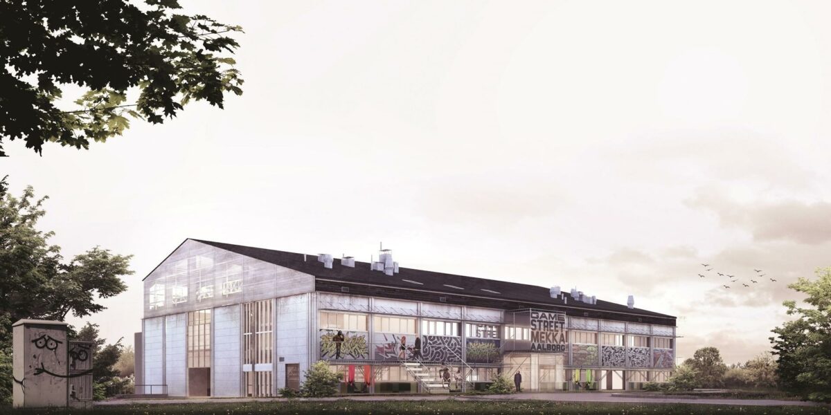 Et team bestående af Pallisgaard, JAJA og MOE skal transformere den gamle betonhal i Aalborg til et center for gadeidræt og streetkultur. Illustration: JAJA Arkitekter.