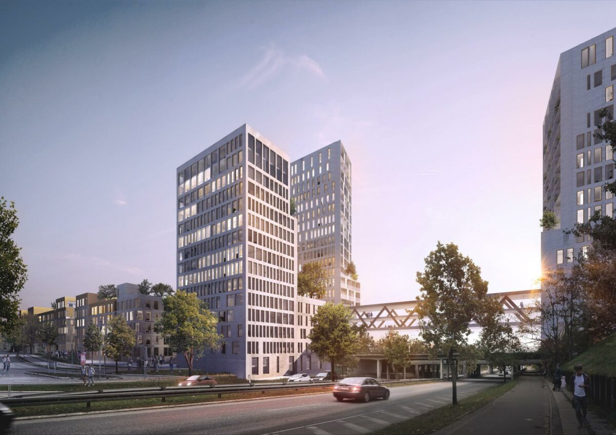 Gefion Group skal bygge 37.500 etagemeter i Rødovre bestående af tre bygninger og en toetagers svævende overgang. Illustration: Arkitema Architects.