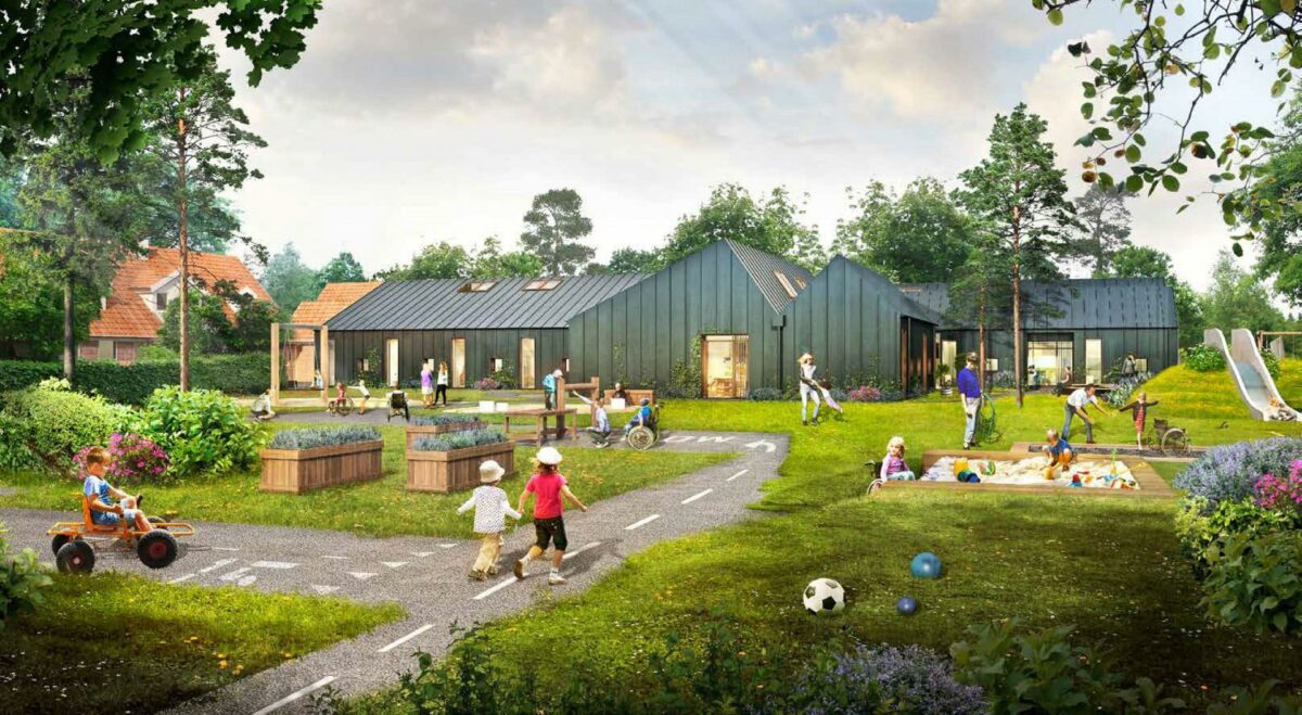 Den nye bebyggelse opføres på terræn og i én etage, da beboerne skal kunne færdes rundt i komplekset i kørestole. Visualisering: Aarstiderne Arkitekter.