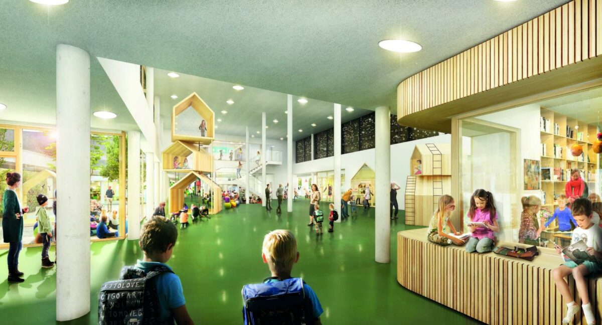 Et konsortium med KPC Herning, Årstiderne Arkitekter, Mutopia, Autens og Sweco skal bygge en ny skole i Hammerum ved Herning. Illustrationer: KPC/Årstiderne Arkitekter.
